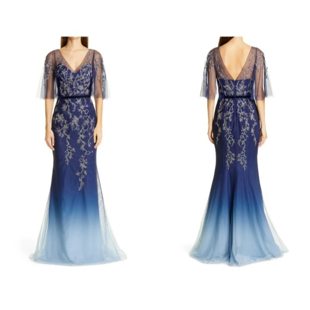 MARCHESA NOTTE Blue Ombre Floral Embroidered Beaded Embellished Tulle Gown 14 US